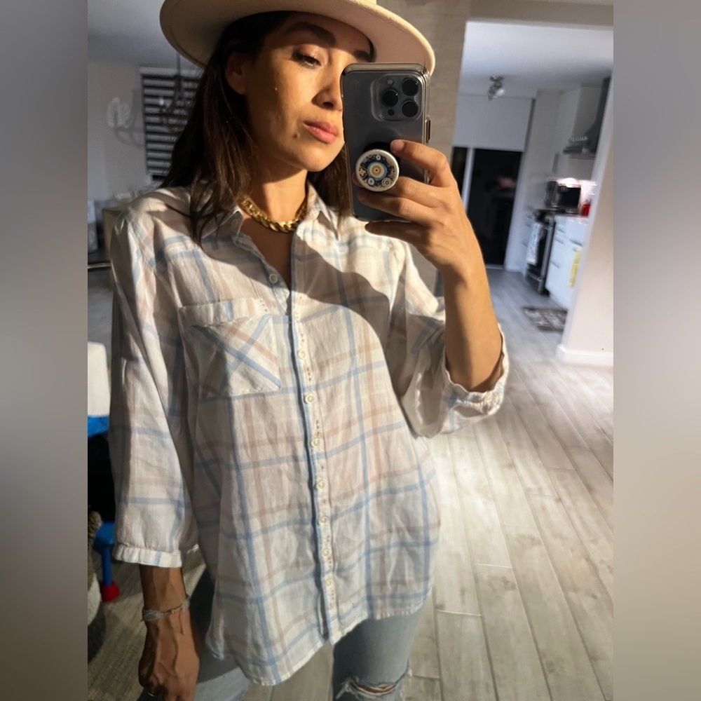 Free‎ People White Plaid Button Down Shirt